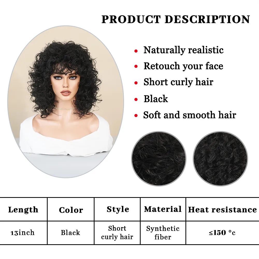 Perruque Courte Bouclée Noire Naturelle pour Femme - 4