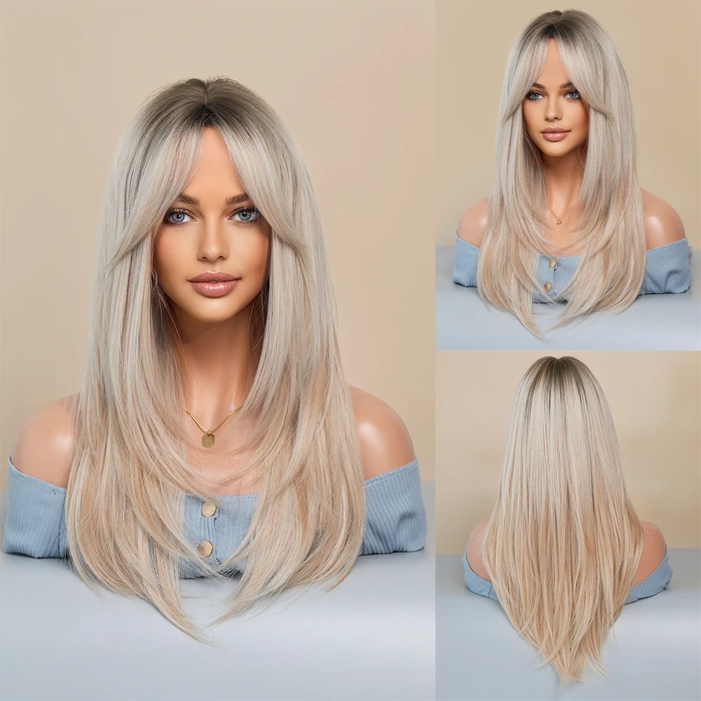 Perruque Longue Blonde Ondulée avec Frange pour Femme - 6