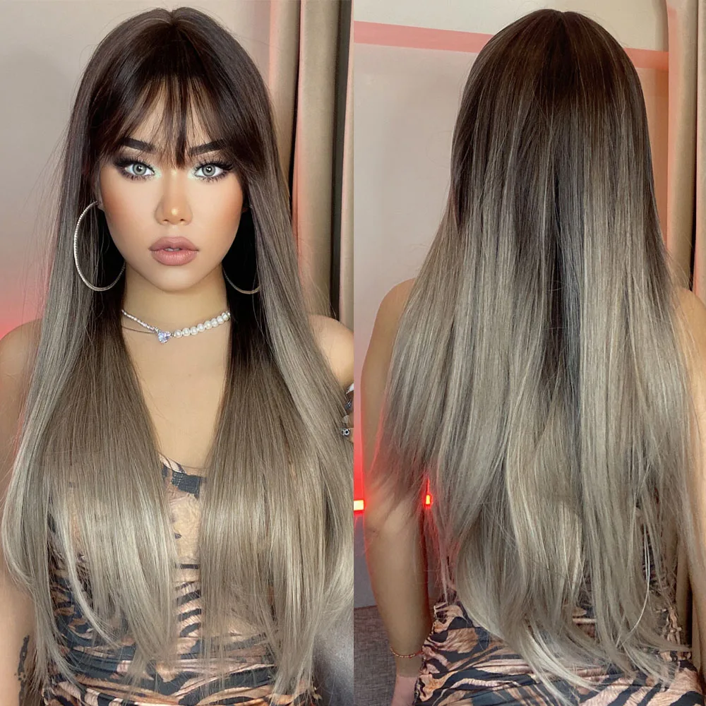 S0aa3a0555a50446c906e596bfebda1c0N.webp HENRY MARGU Long Straight Synthetic Wigs for Women Natural Brown Blonde Wig with Bangs Heat Resistant Cosplay Party Hair