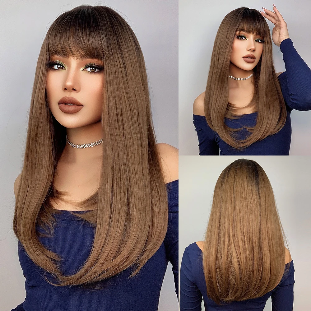 S15762caa0d1e4b1ba78560bcb98b07f31.webp HENRY MARGU Long Straight Synthetic Wigs for Women Natural Brown Blonde Wig with Bangs Heat Resistant Cosplay Party Hair