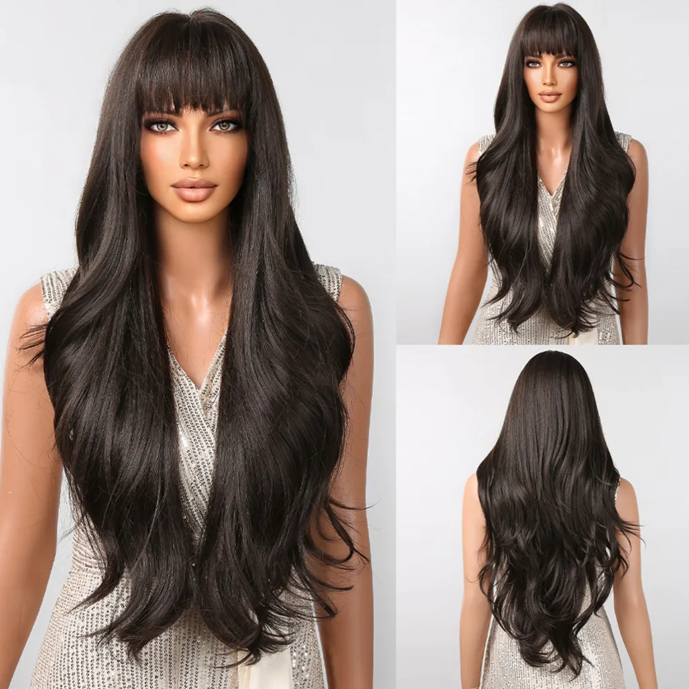 S31371d93bfcb4a7389a9d87baca090fb2.webp HENRY MARGU Light Brown Long Natural Wavy Wig Synthetic Hair Wig with Bangs for Women Daily Wear Hear Resistant Party Fake Hair