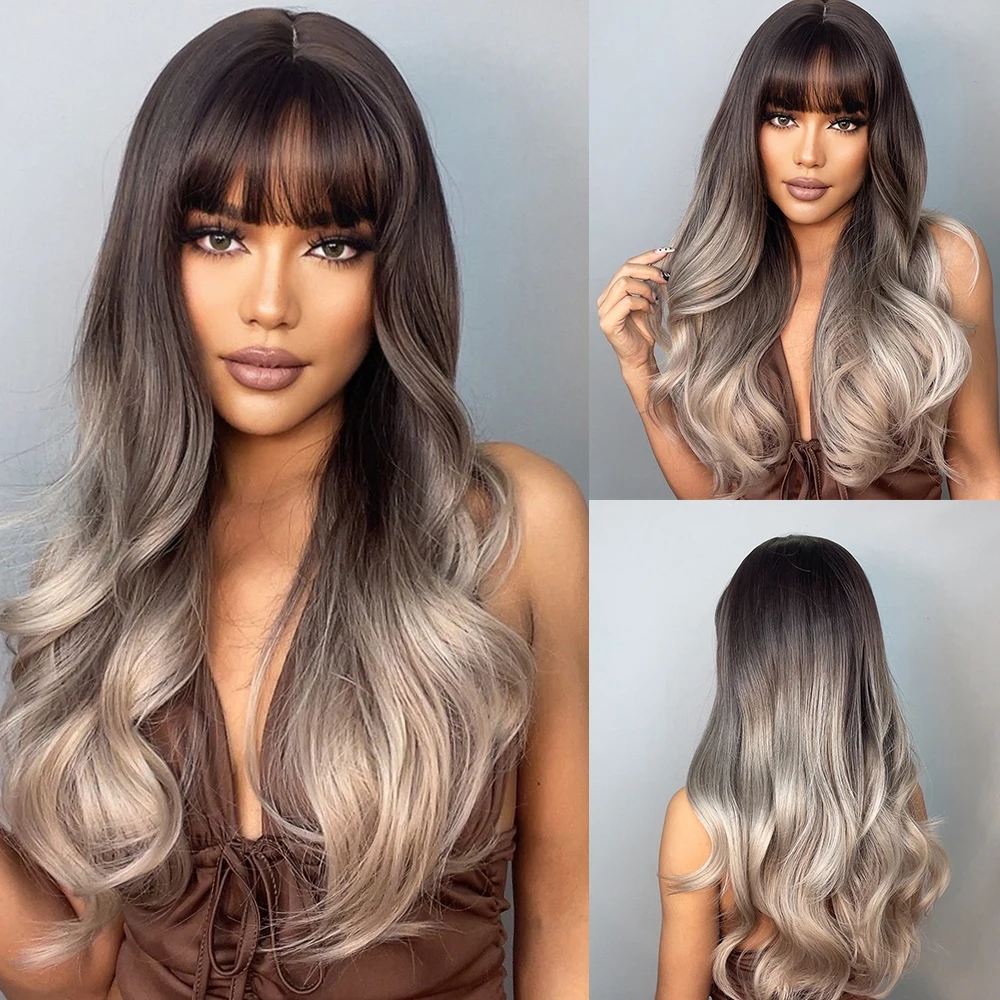 S50be62df4fd845b995718fb5a476deabf.webp HENRY MARGU Light Brown Long Natural Wavy Wig Synthetic Hair Wig with Bangs for Women Daily Wear Hear Resistant Party Fake Hair