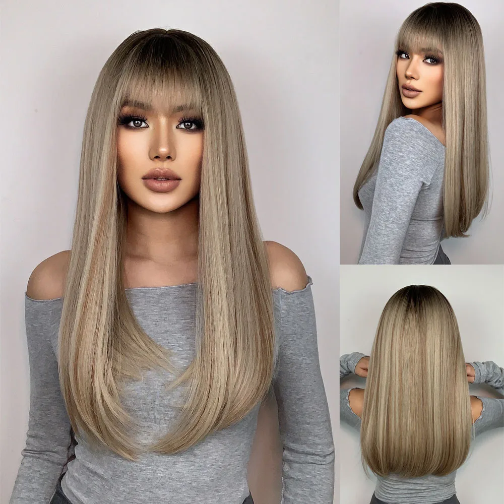 S79a1d5b303e3463b98e6fb59797496496.webp HENRY MARGU Long Straight Synthetic Wigs for Women Natural Brown Blonde Wig with Bangs Heat Resistant Cosplay Party Hair
